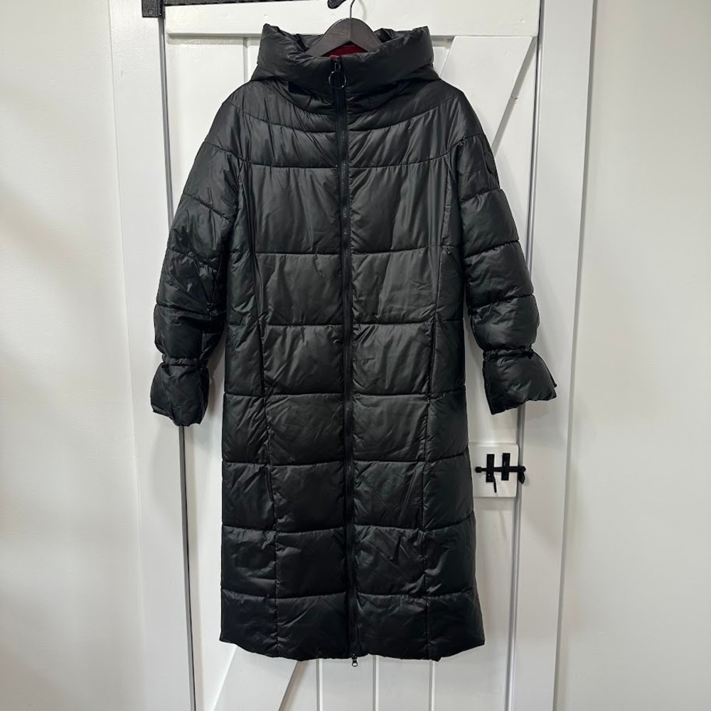 NOIZE Womens Long Puffer Coat Small Black Hooded Cruelty Free Vegan Parka Zip